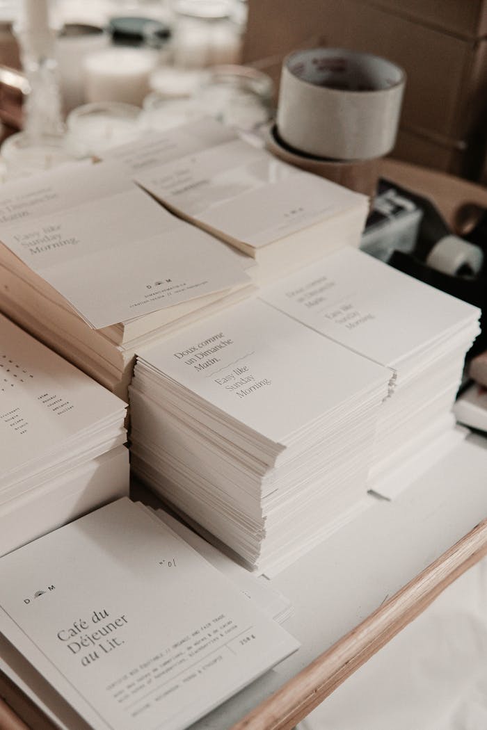 Crafting Captivating Headlines: Your awesome post title goes here Stacks of minimalist printed invitations organized in a studio setting, ideal for business and design concepts.